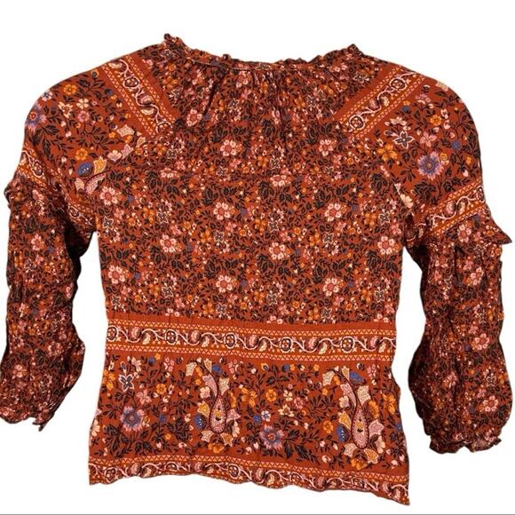American Eagle Rust Orange Floral Print Boho Ruffle Blouse Size XS - Picture 5 of 12